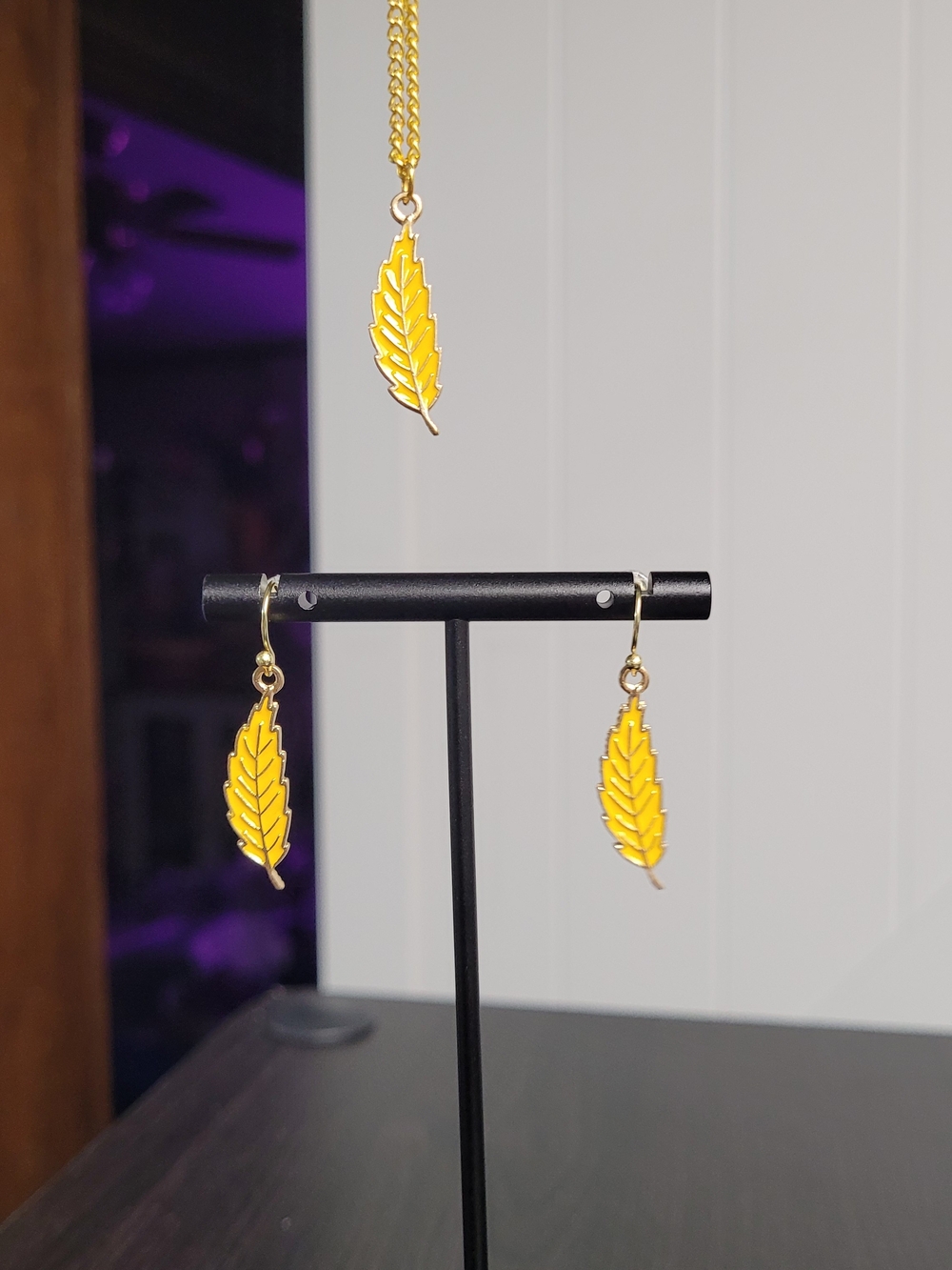 Hand Crafted Yellow Leaf Pendant Necklace and Earrings Set - Gold Chain